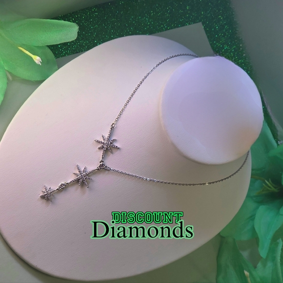 18K White  Gold Titanium Three Star Lariat Choker Necklace with Natural Zircon - Picture 1 of 5